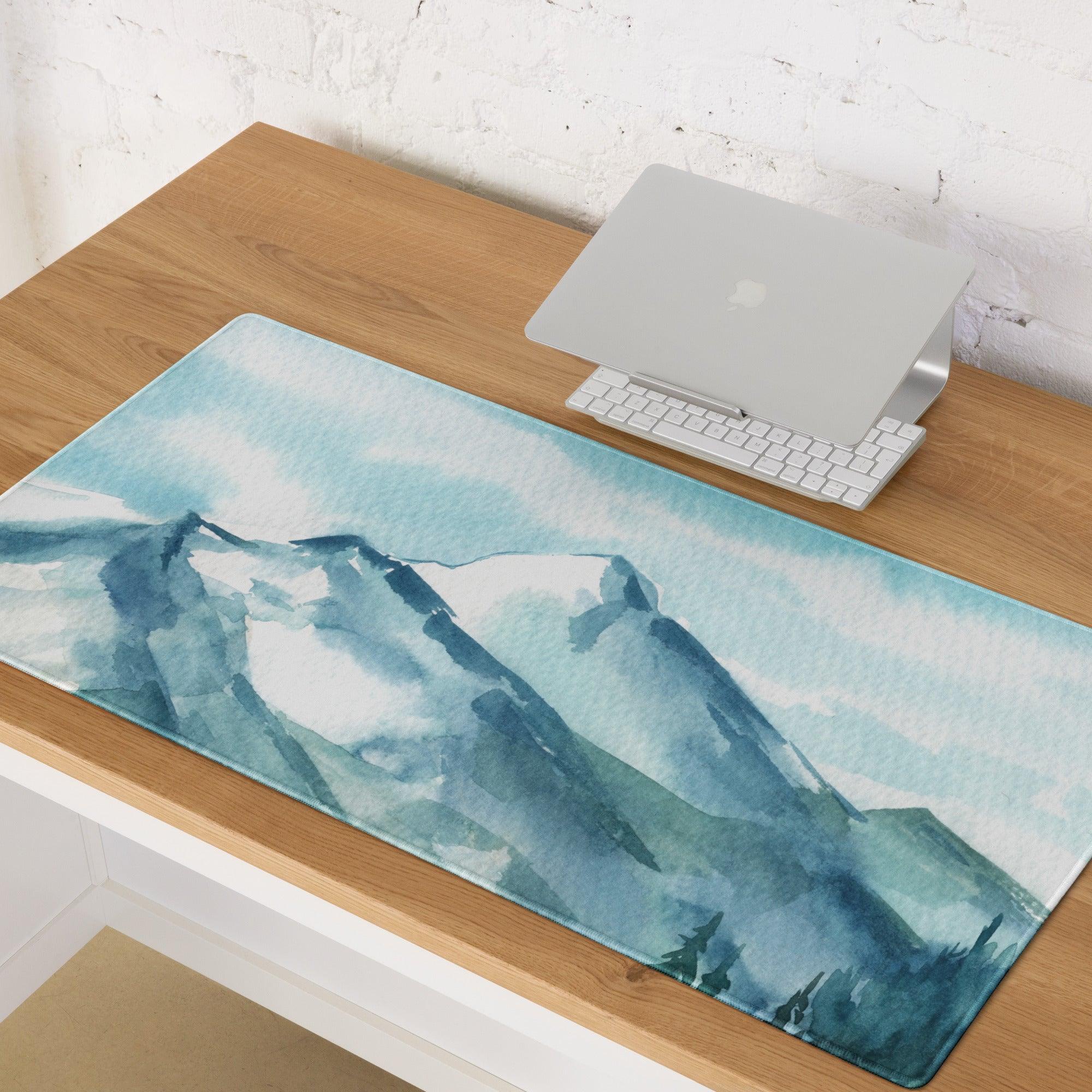 Watercolor mountain range blue gaming mouse pad with large stitched edges