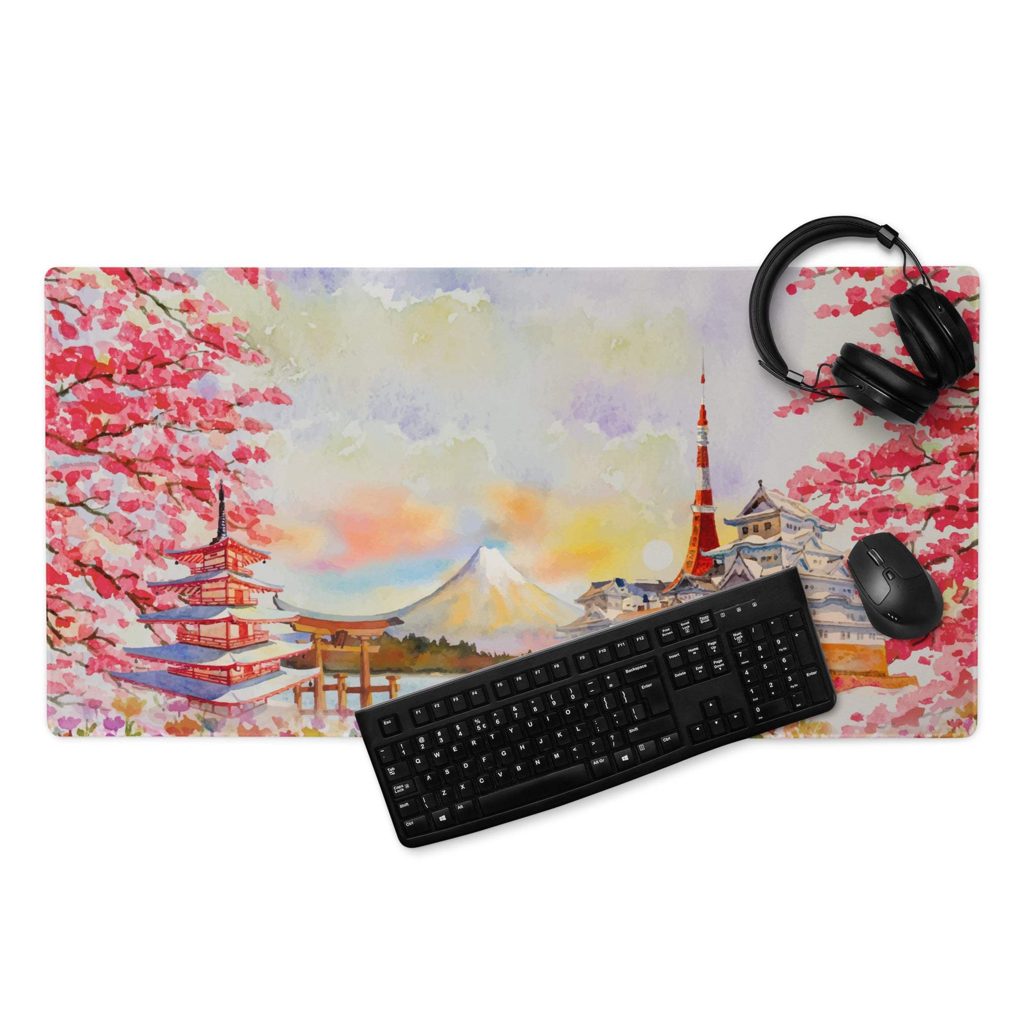 Artistic cherry blossom gaming mouse pad with Mount Fuji pagodas