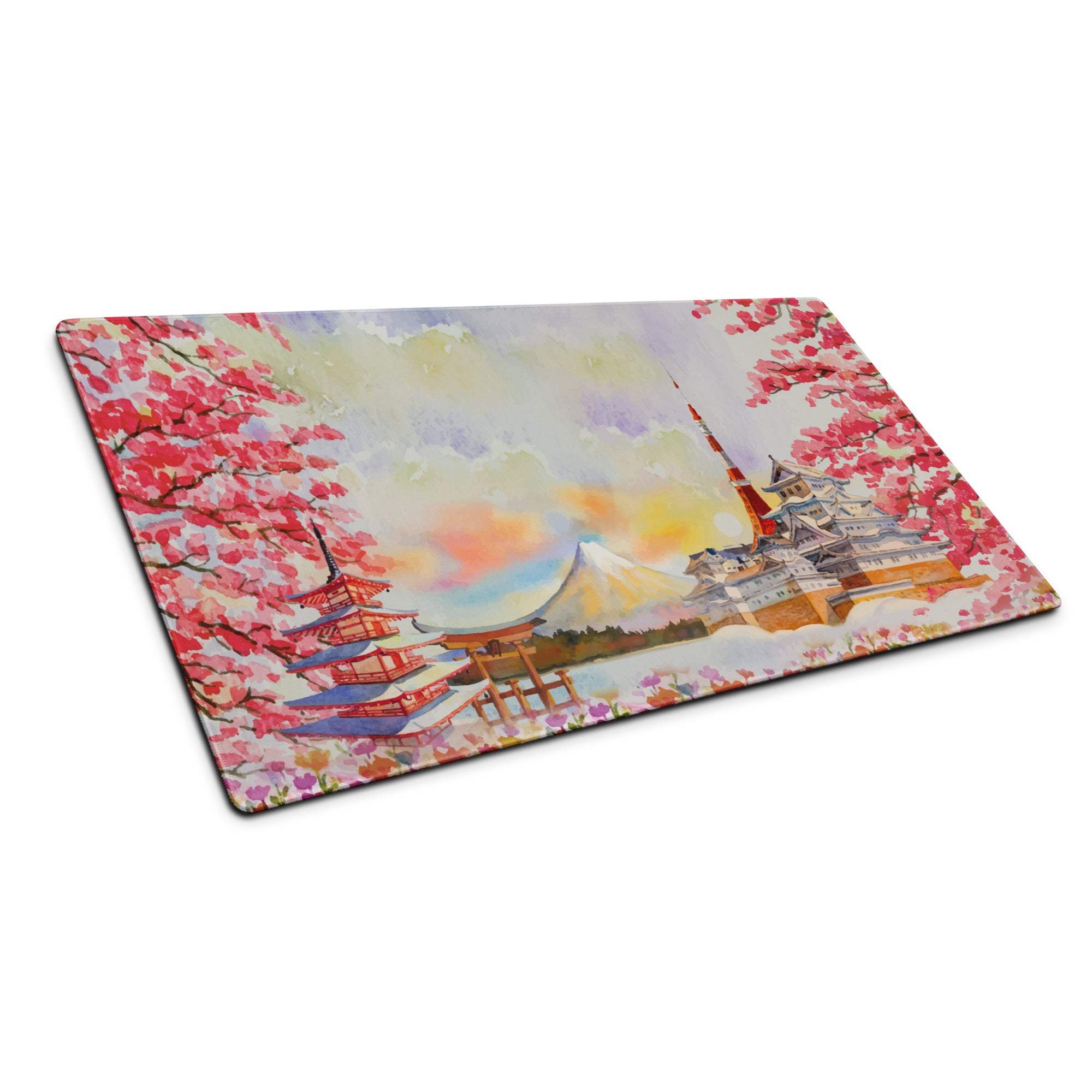 Rectangular glass cutting board with cherry blossom pagodas temples sunset sky