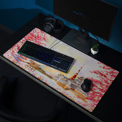 Artistic cherry blossom gaming mouse pad with Mount Fuji temple scene