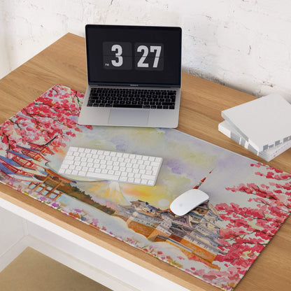 Vibrant cherry blossom gaming mouse pad with Mount Fuji temple scene