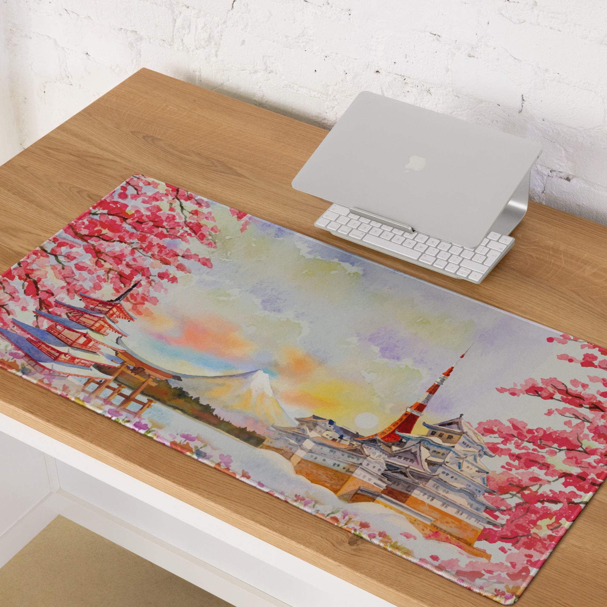 Watercolor cherry blossom gaming mouse pad with Mount Fuji temple sunset scene