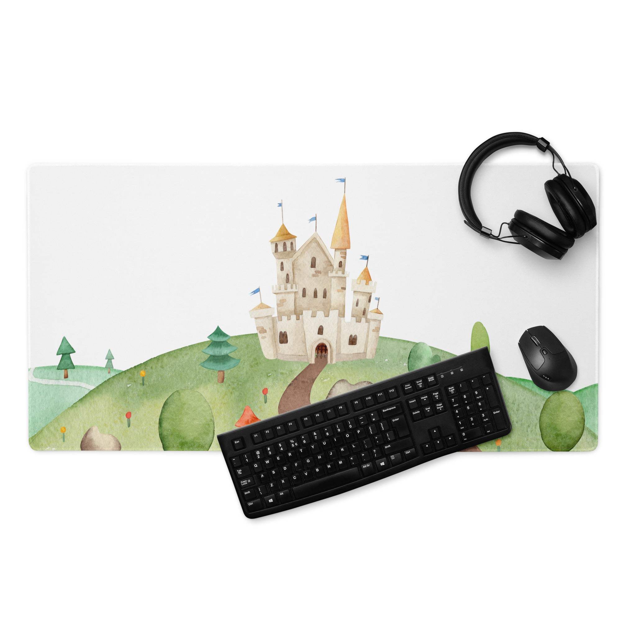 Whimsical watercolor castle on green hill large gaming mouse pad