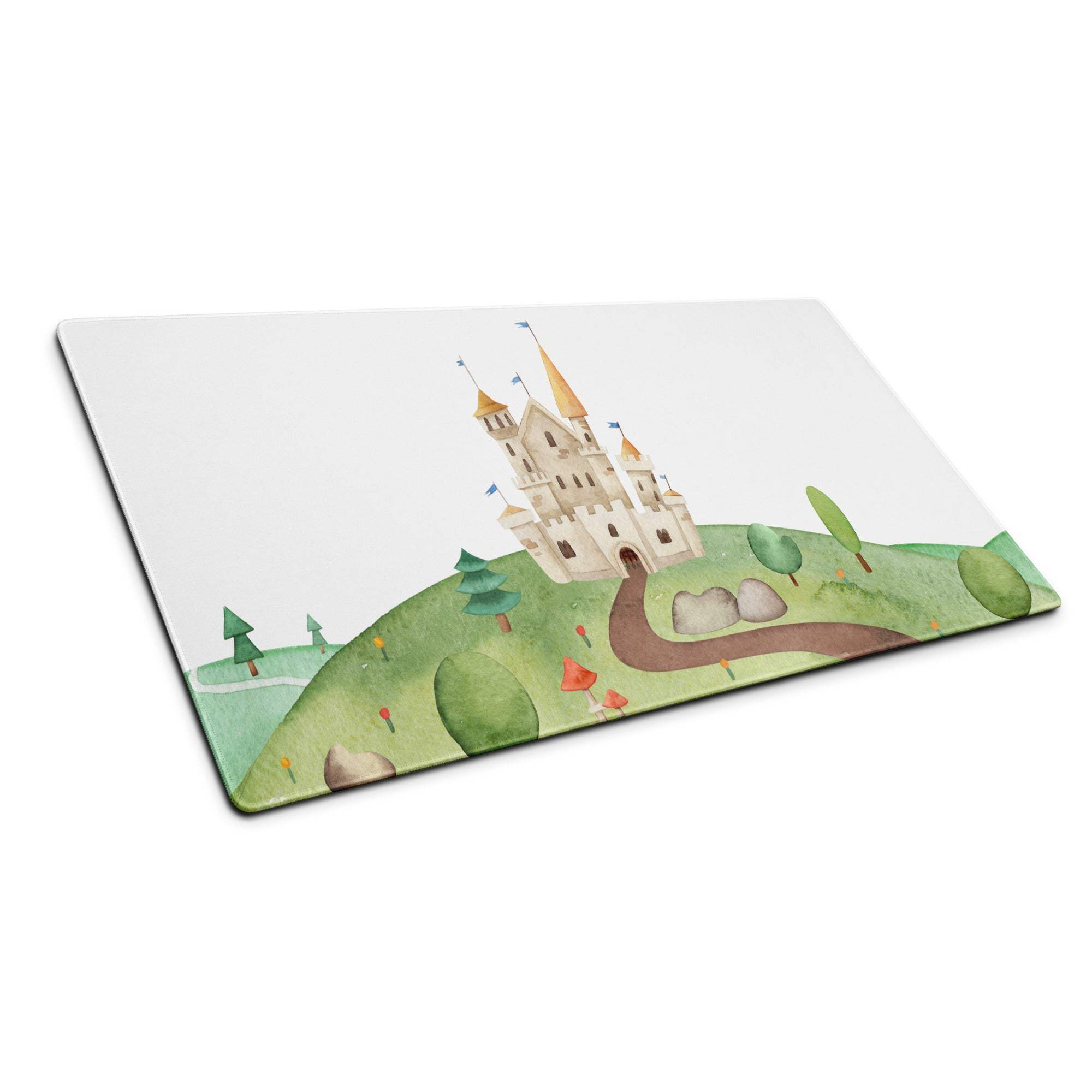 Whimsical watercolor castle landscape on white rectangular gaming mouse pad