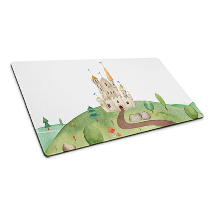 Whimsical watercolor castle landscape on white rectangular gaming mouse pad