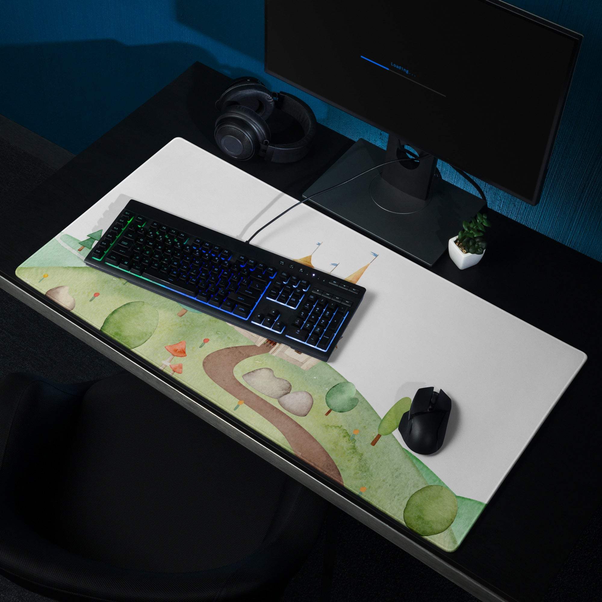 Whimsical watercolor castle landscape large gaming mouse pad with green hills