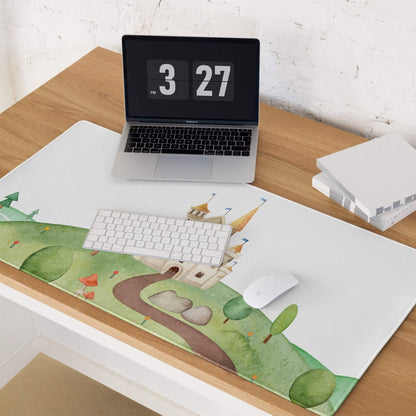 Whimsical watercolor castle on green hills large gaming mouse pad