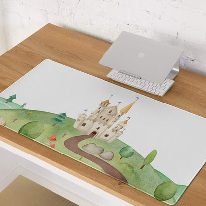 Whimsical watercolor castle on green hills large gaming mouse pad