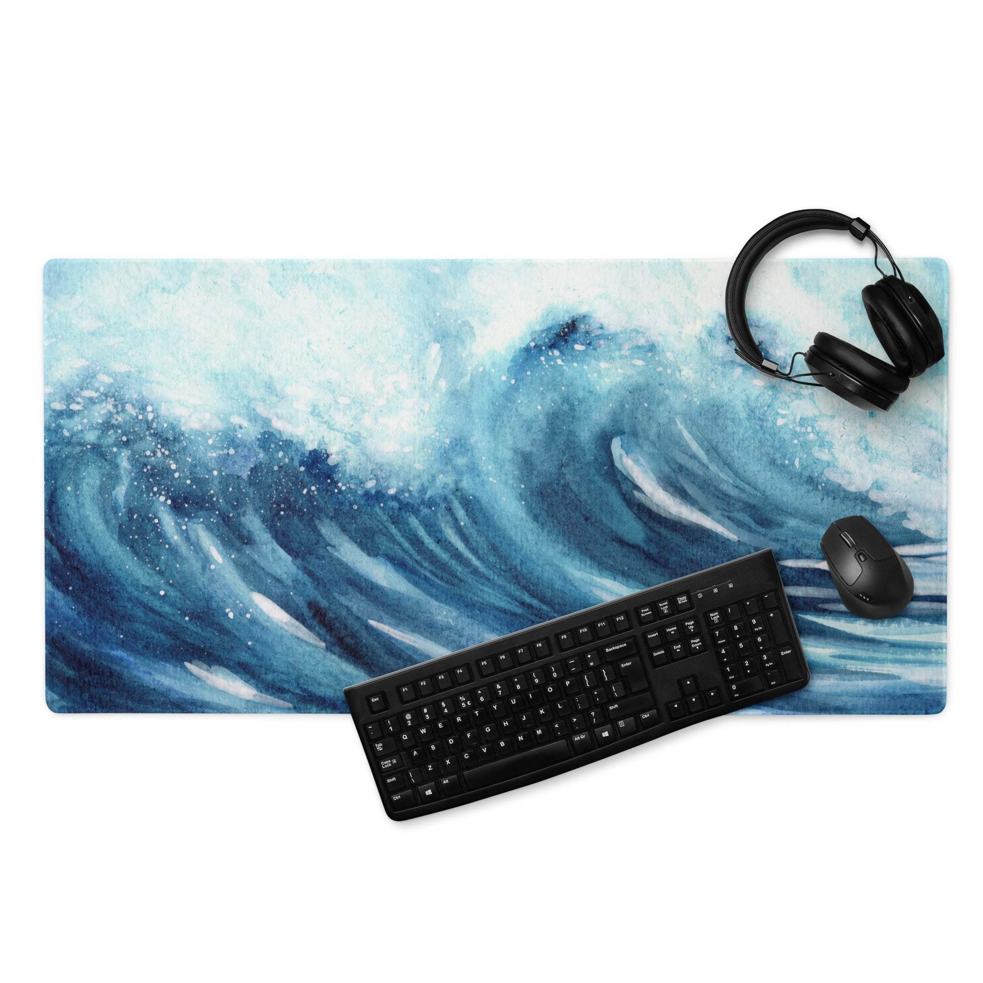 Blue watercolor ocean wave gaming mouse pad with stitching and non-slip back