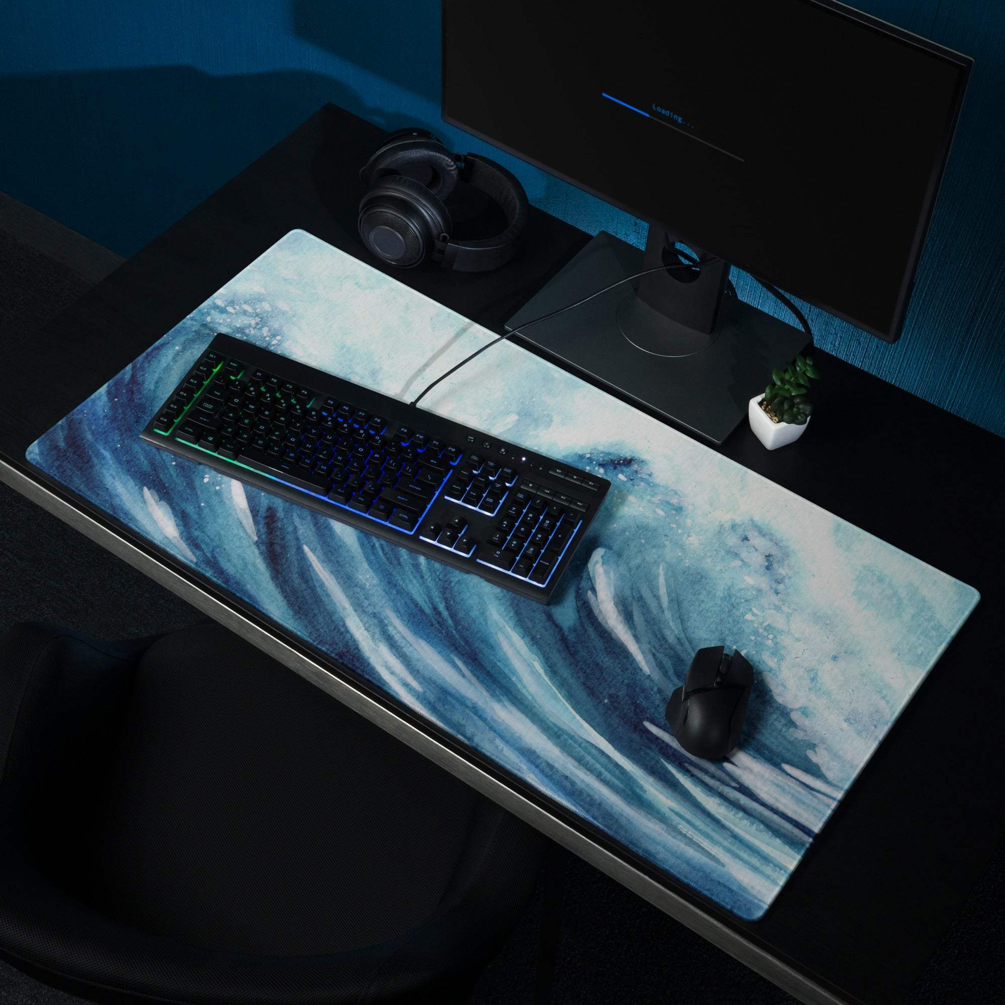 Blue watercolor ocean wave gaming mouse pad with stitching and non-slip backing