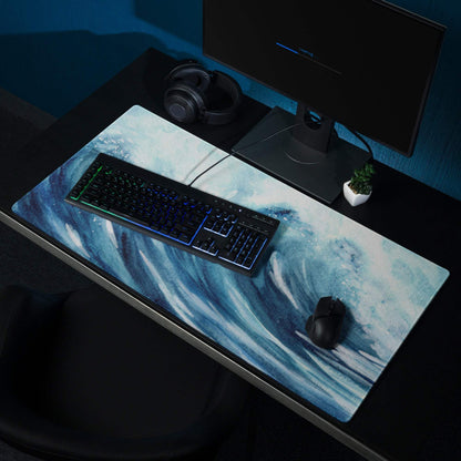 Blue watercolor ocean wave gaming mouse pad with stitching and non-slip backing