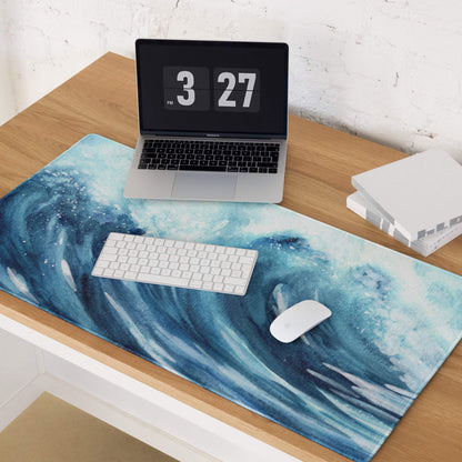 Blue watercolor ocean wave gaming mouse pad with stitching and non-slip back