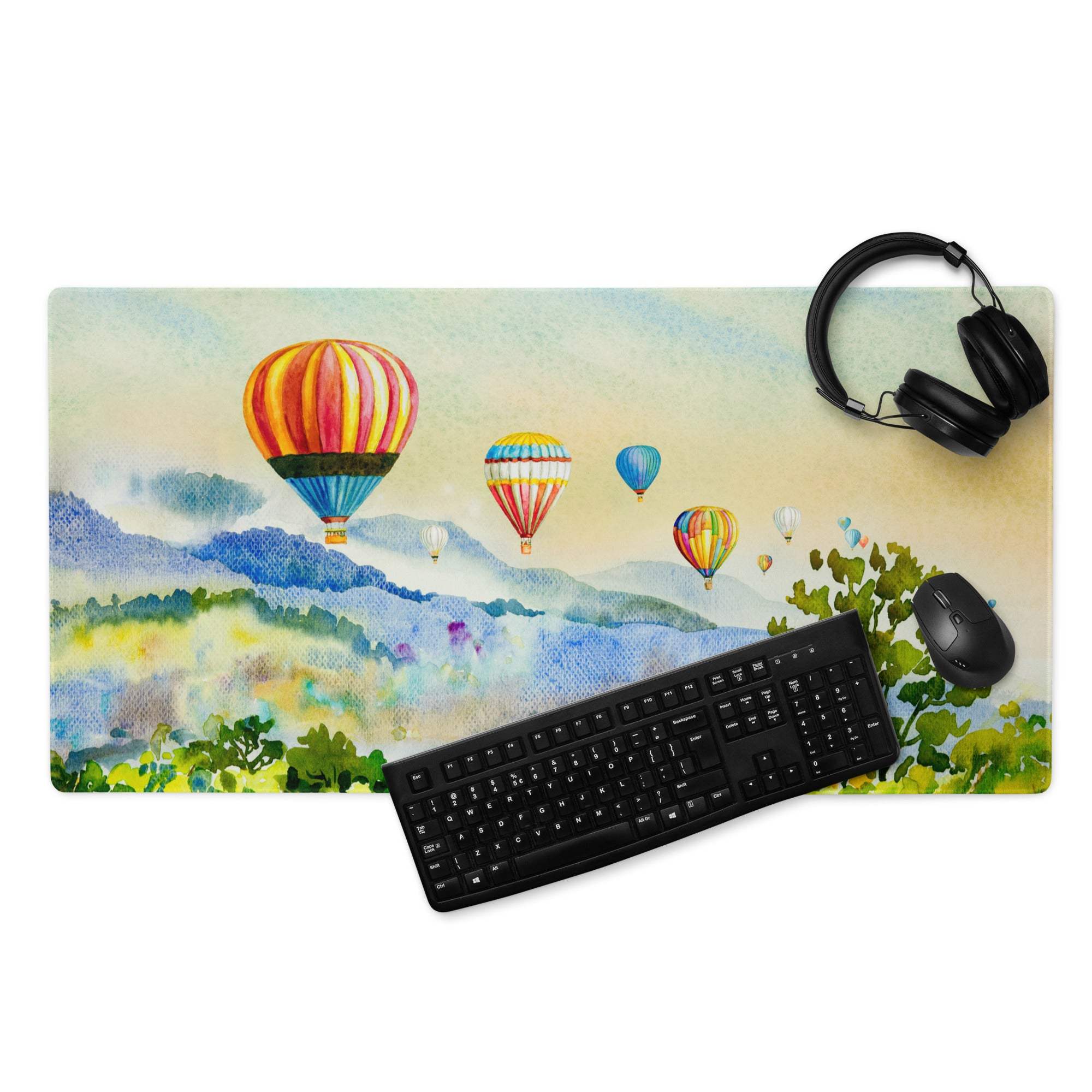 Watercolor hot air balloons over hills gaming mouse pad with stitching