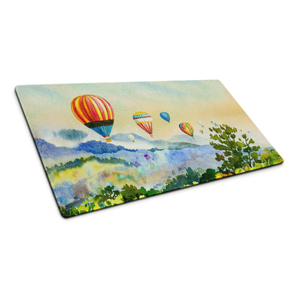 Watercolor hot air balloon mouse pad with hills, stitching, non-slip backing