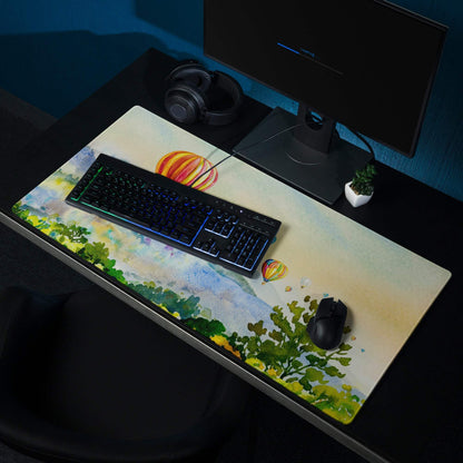 Large watercolor landscape gaming mouse pad with balloons, edge stitching, non-slip backing