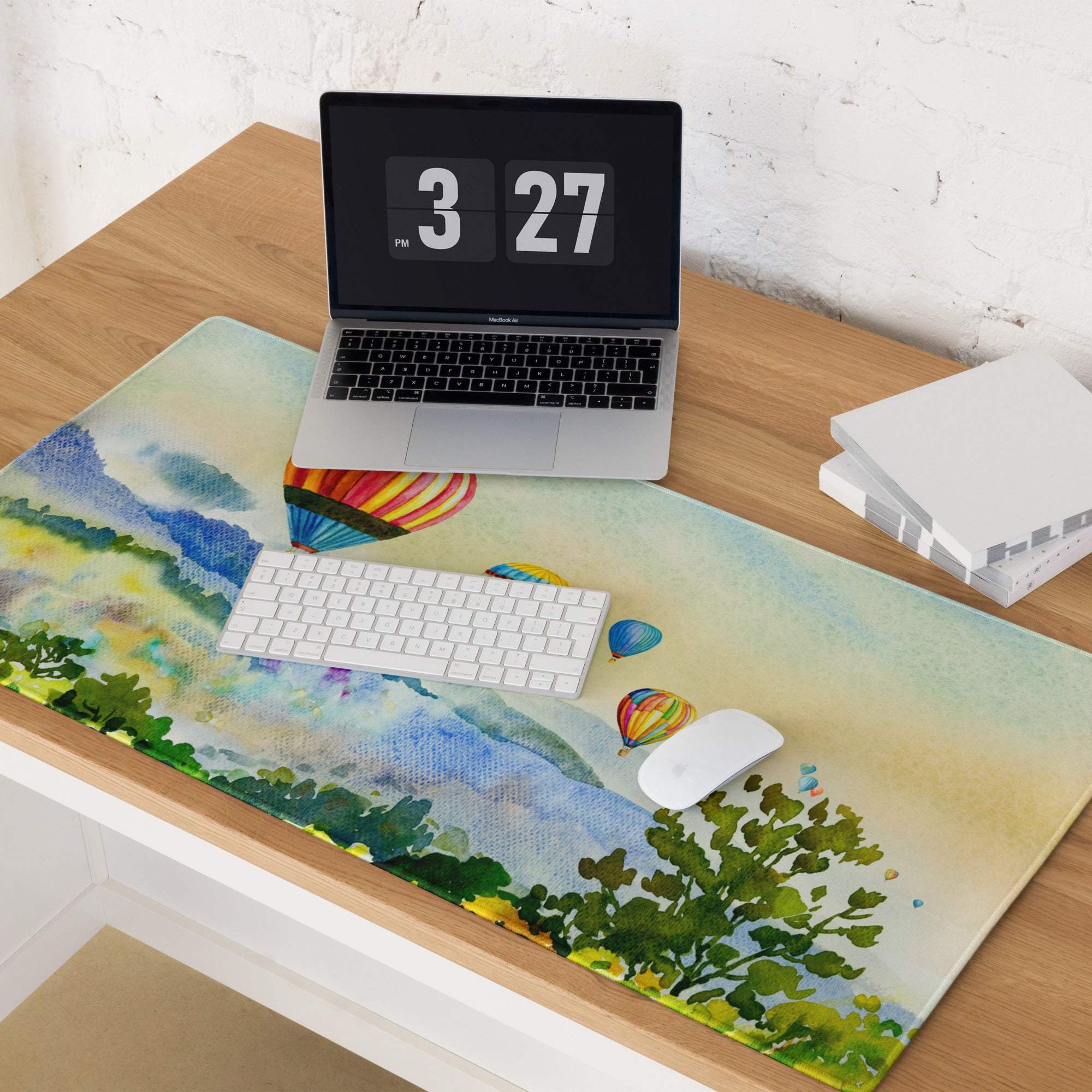 Watercolor landscape gaming mouse pad with hills, balloons, stitching, non-slip backing