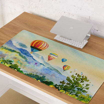 Watercolor hot air balloon mousepad with edge stitching, non-slip backing