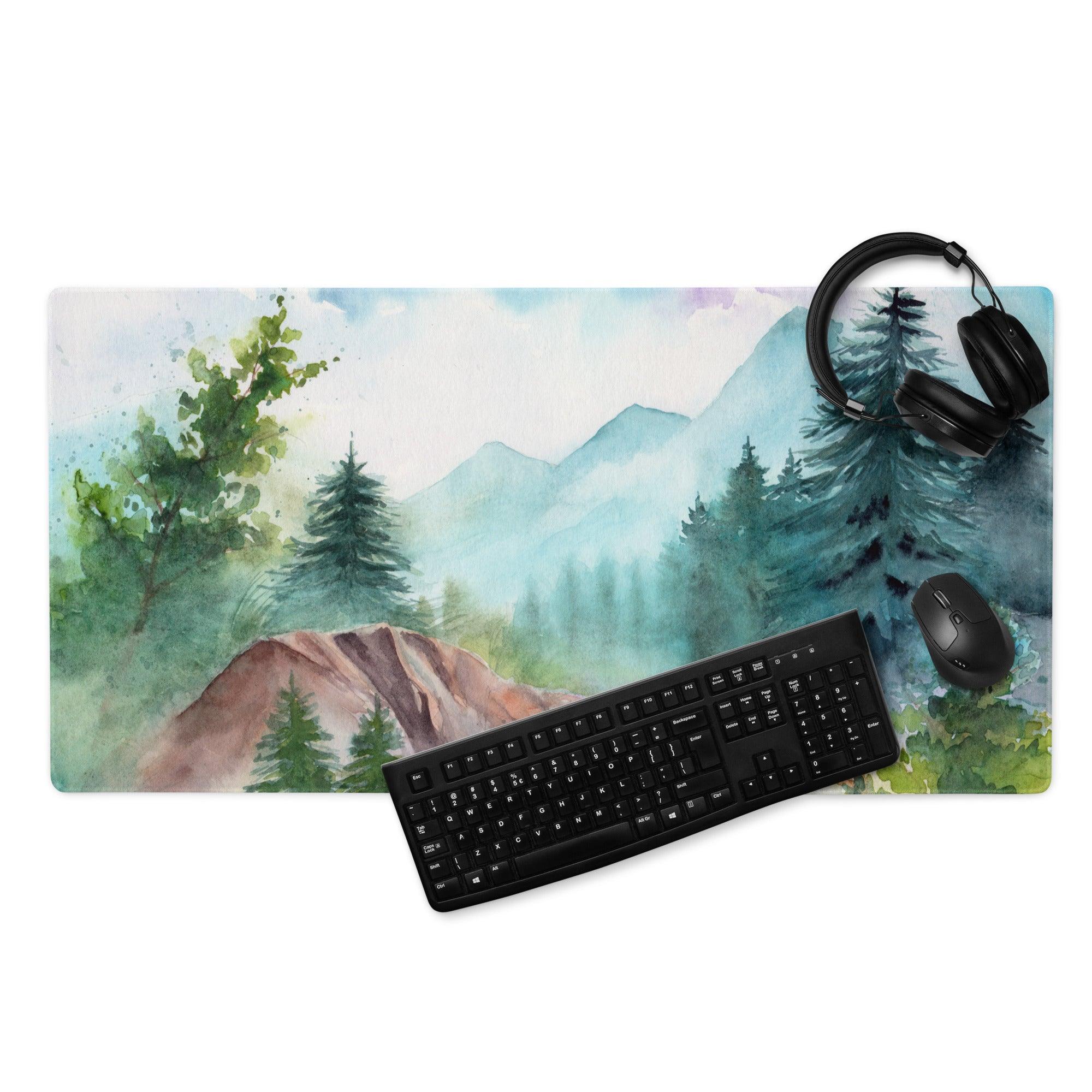 Rectangular watercolor mountain forest mousepad with green trees and blue peaks