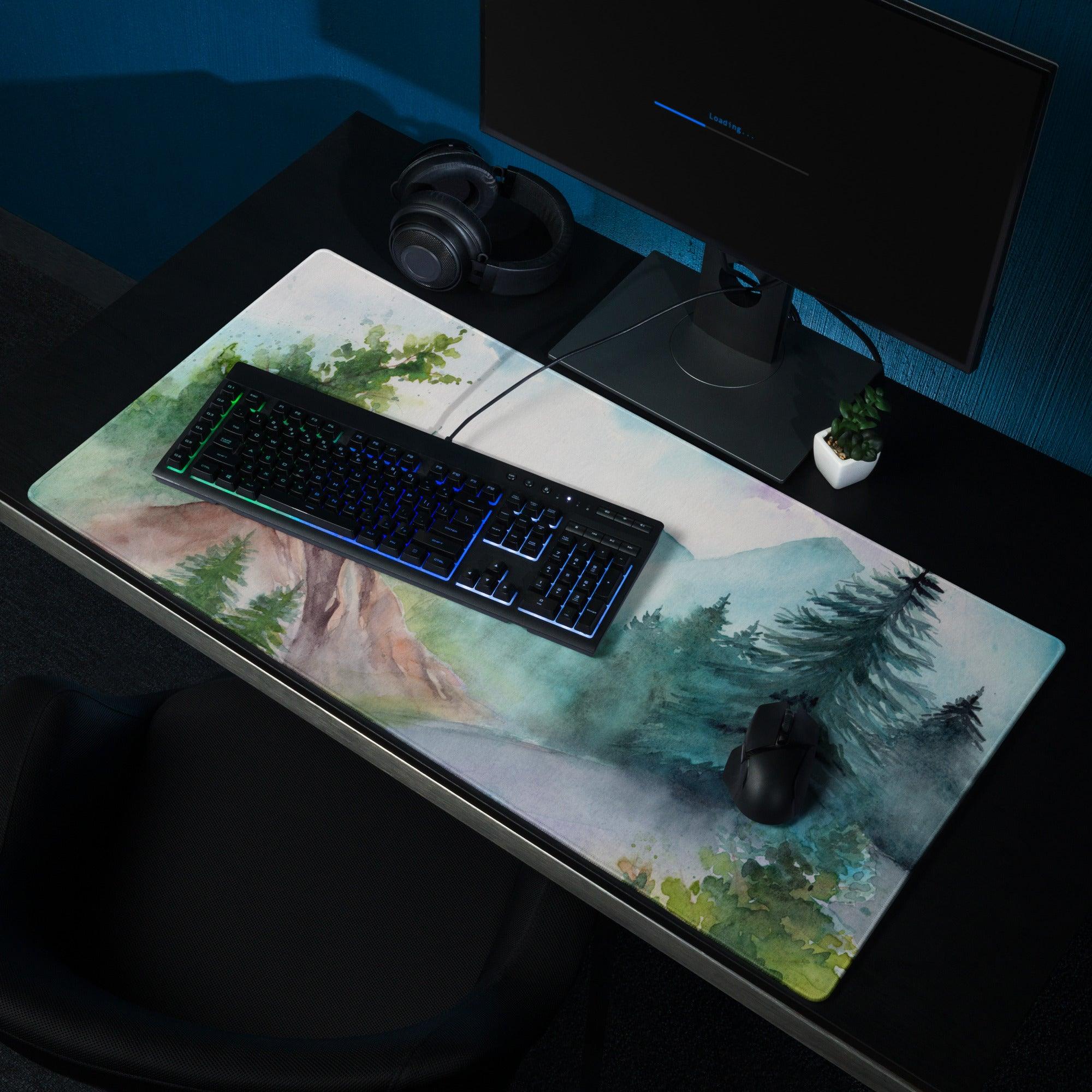 Watercolor mountain forest gaming mouse pad in calm blue green tones