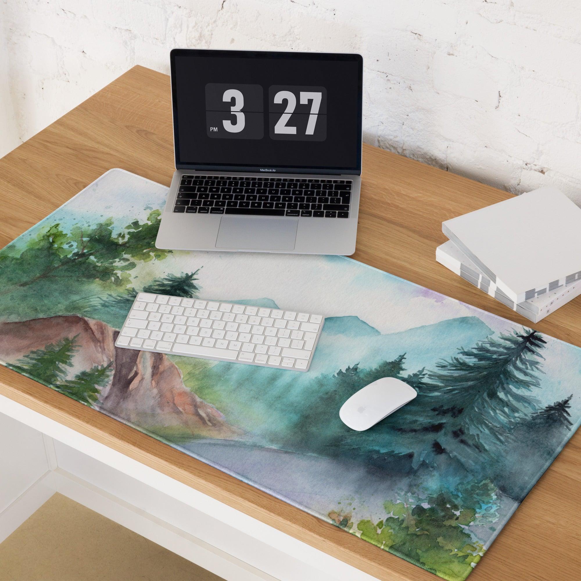 Watercolor mountain forest gaming mouse pad in calm blue green tones