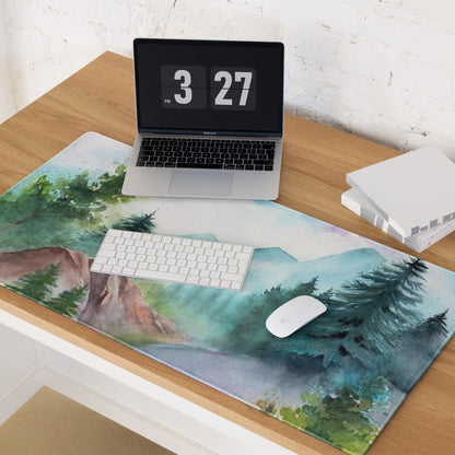 Watercolor mountain forest gaming mouse pad in calm blue green tones