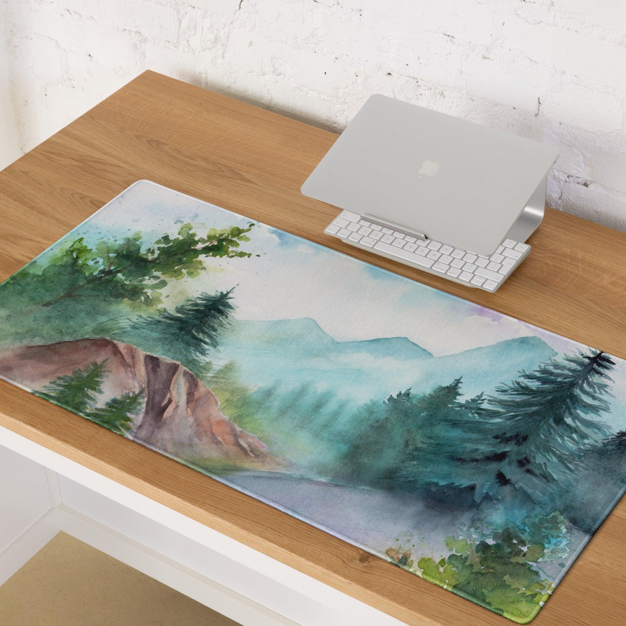 Watercolor mountain forest gaming mouse pad in calm blue green tones