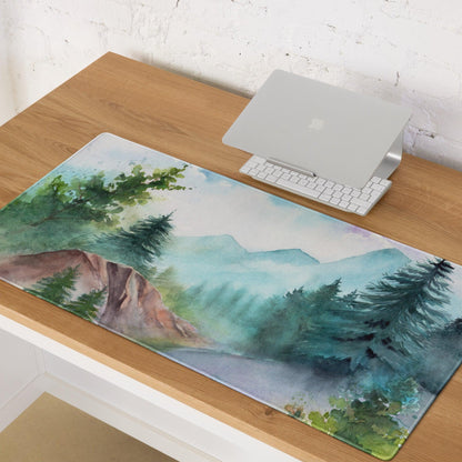 Watercolor mountain forest gaming mouse pad in calm blue green tones