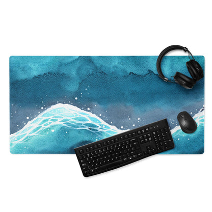 Blue watercolor ocean wave gaming mouse pad with non-slip backing