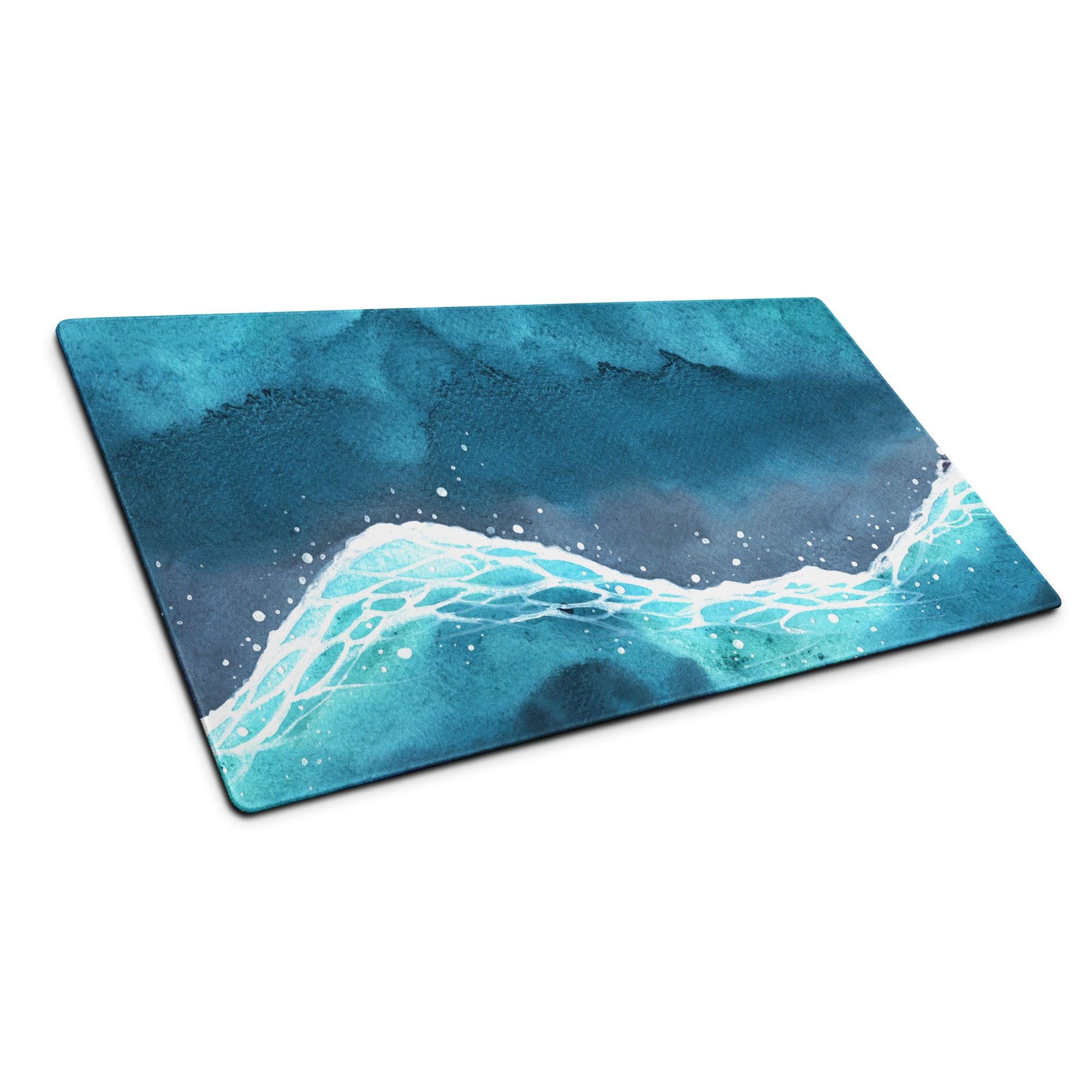 Rectangular teal white ocean wave cutting board design on large mouse pad