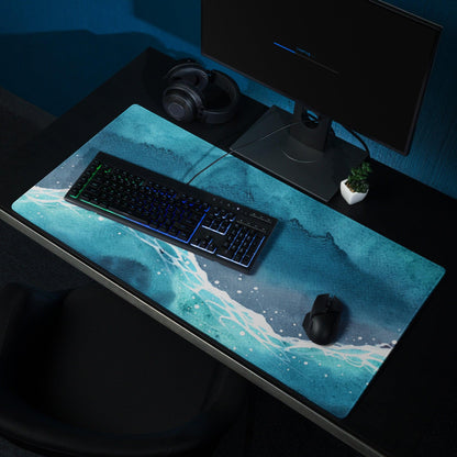 Blue watercolor ocean waves gaming mouse pad with non-slip backing
