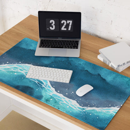 Blue watercolor ocean waves gaming mouse pad with non-slip backing