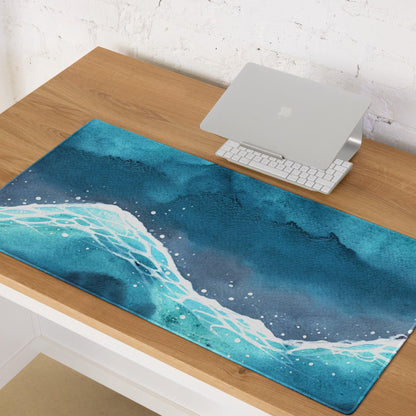 Watercolor ocean waves blue gaming mouse pad on wooden desk