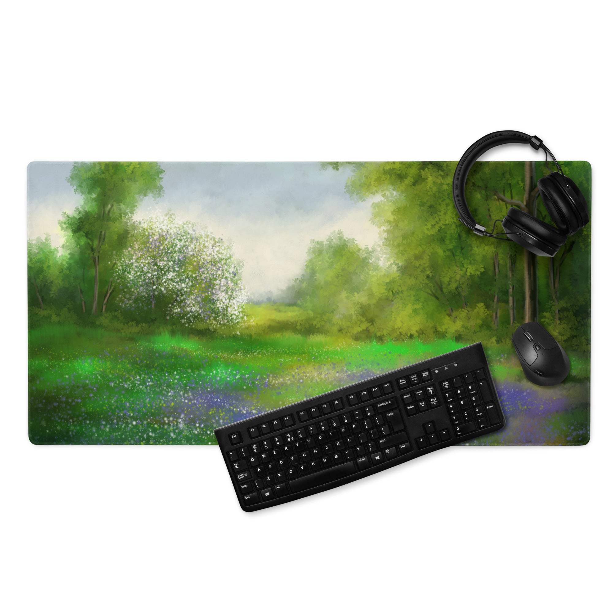 Large impressionist calm green forest meadow gaming mouse pad with headphones and keyboard