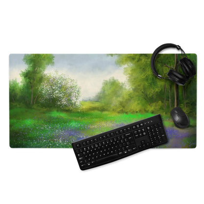 Large impressionist calm green forest meadow gaming mouse pad with headphones and keyboard