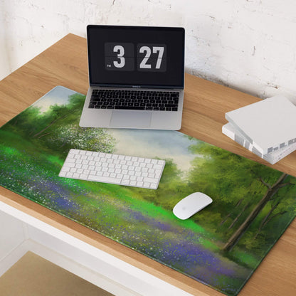Lush green forest meadow mousepad with purple flowers, path, matte finish