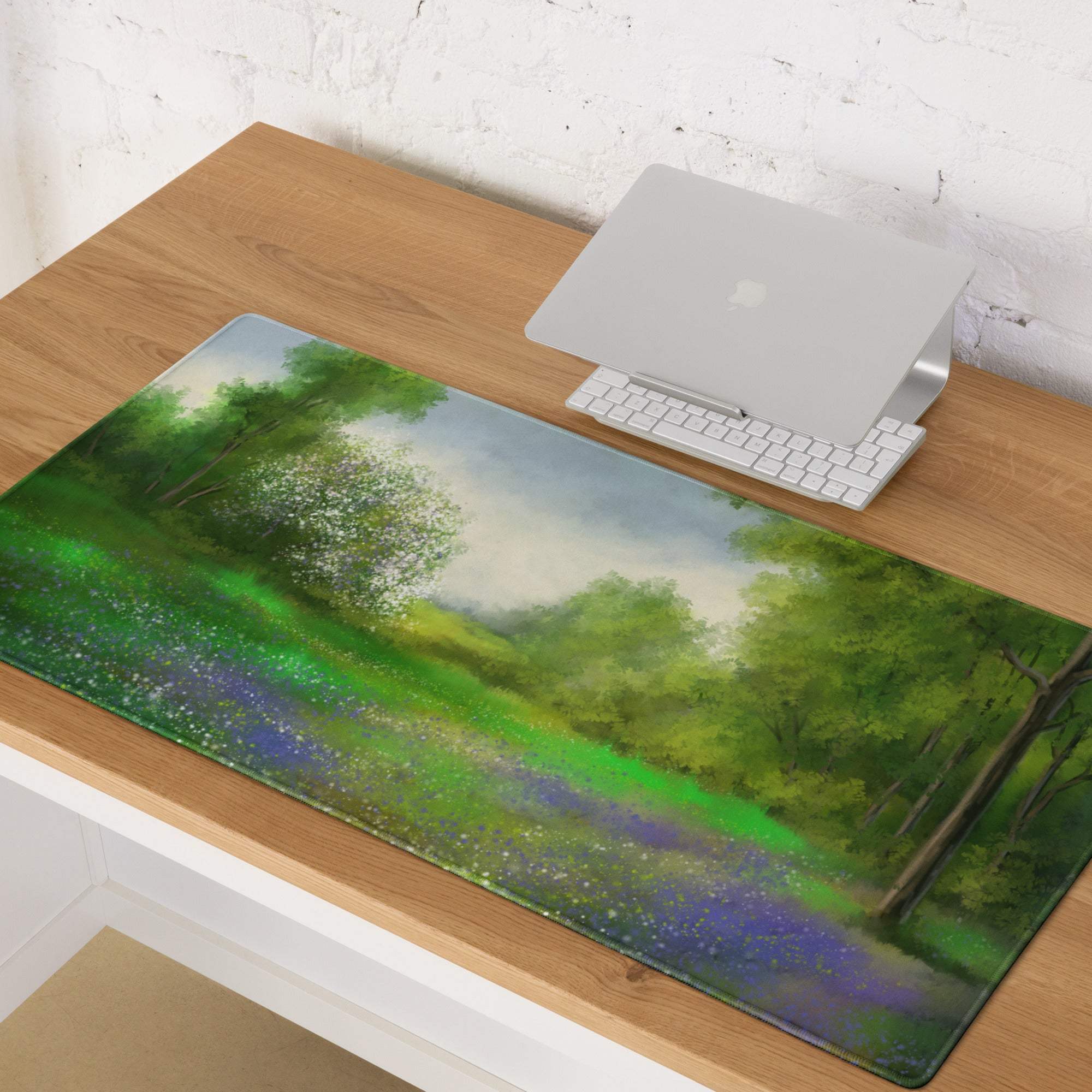Impressionist calm green forest meadow gaming mouse pad with landscape