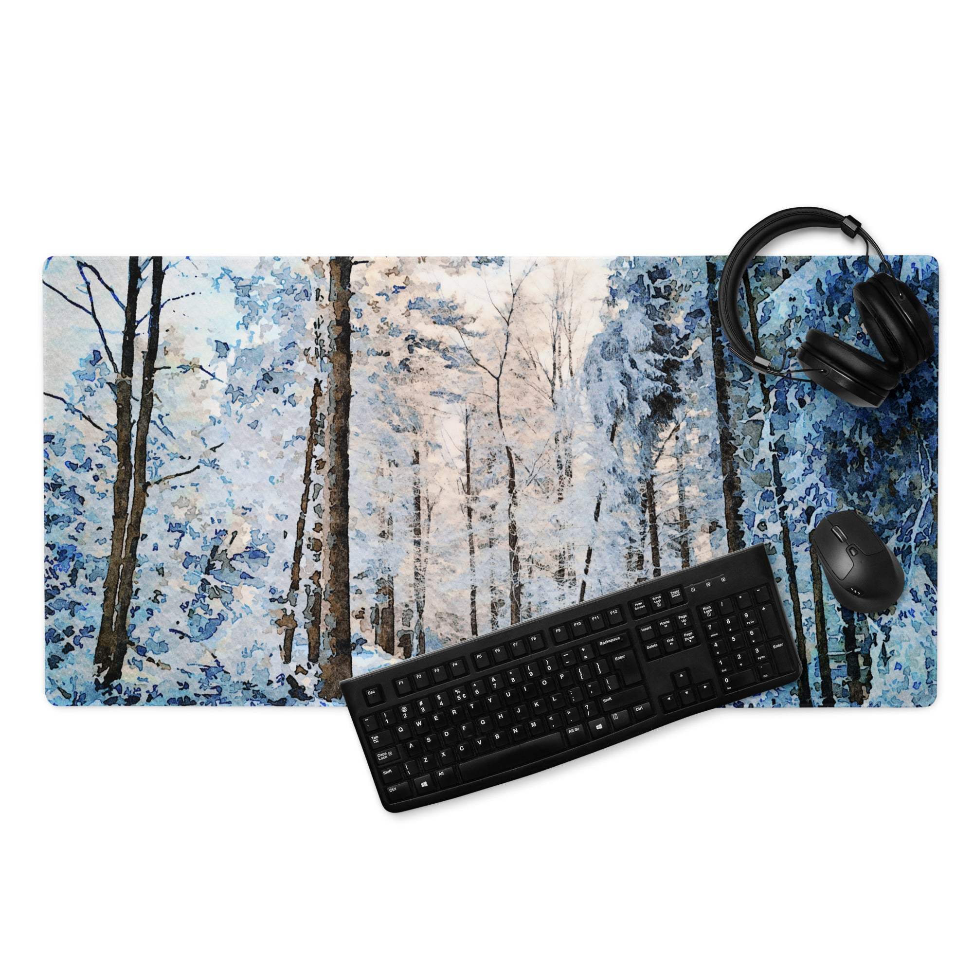 Winter forest gaming mouse pad blue white snowy textured design