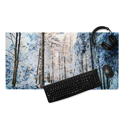 Winter forest gaming mouse pad blue white snowy textured design
