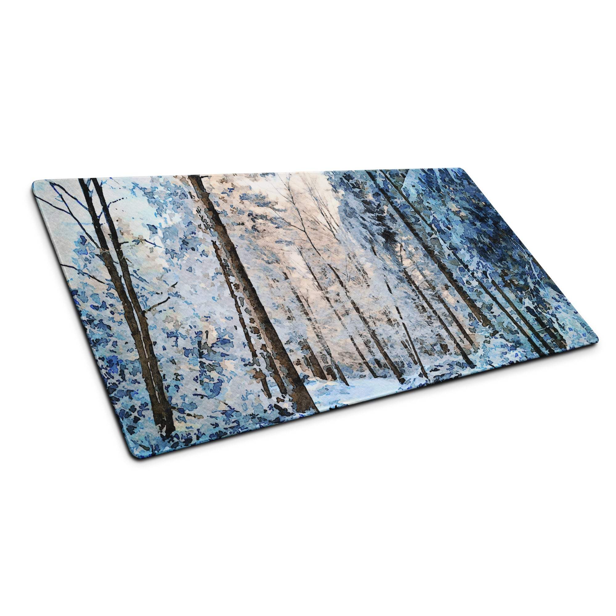 Winter forest glass cutting board with snow-covered trees in blue, white, brown
