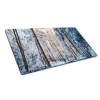 Winter forest glass cutting board with snow-covered trees in blue, white, brown