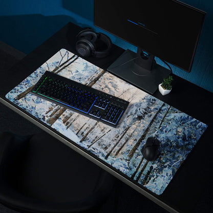 Blue and white winter forest gaming mousepad with textured surface