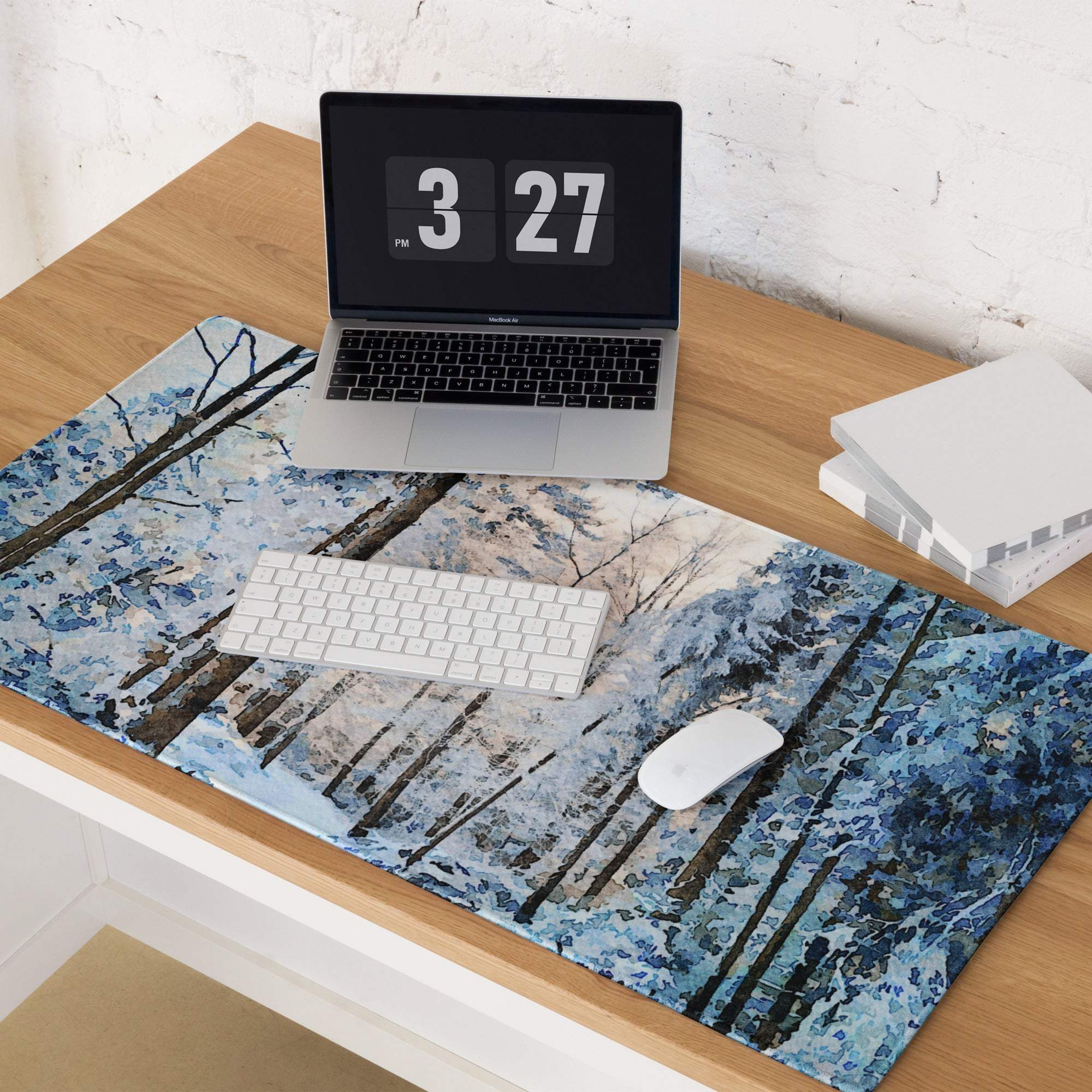 Blue and white winter forest gaming mouse pad with large size, non-slip base, edge stitching