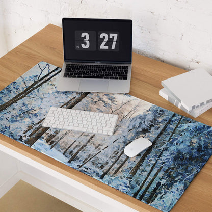 Blue and white winter forest gaming mouse pad with large size, non-slip base, edge stitching