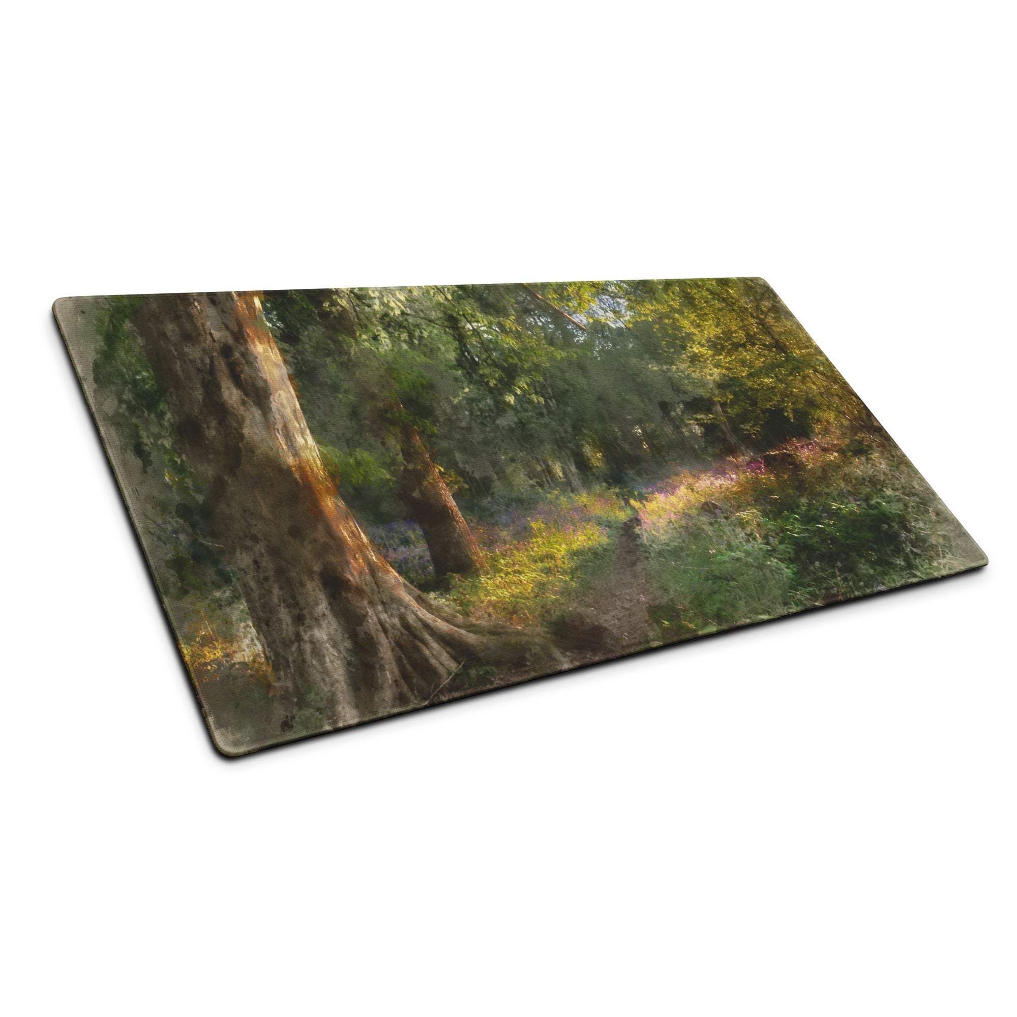 Rectangular forest cutting board with trees in calm green tones, large non-slip mouse pad