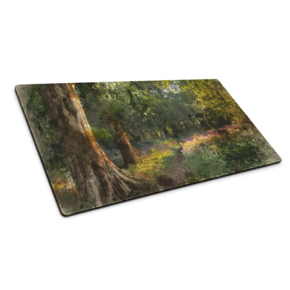 Rectangular forest cutting board with trees in calm green tones, large non-slip mouse pad