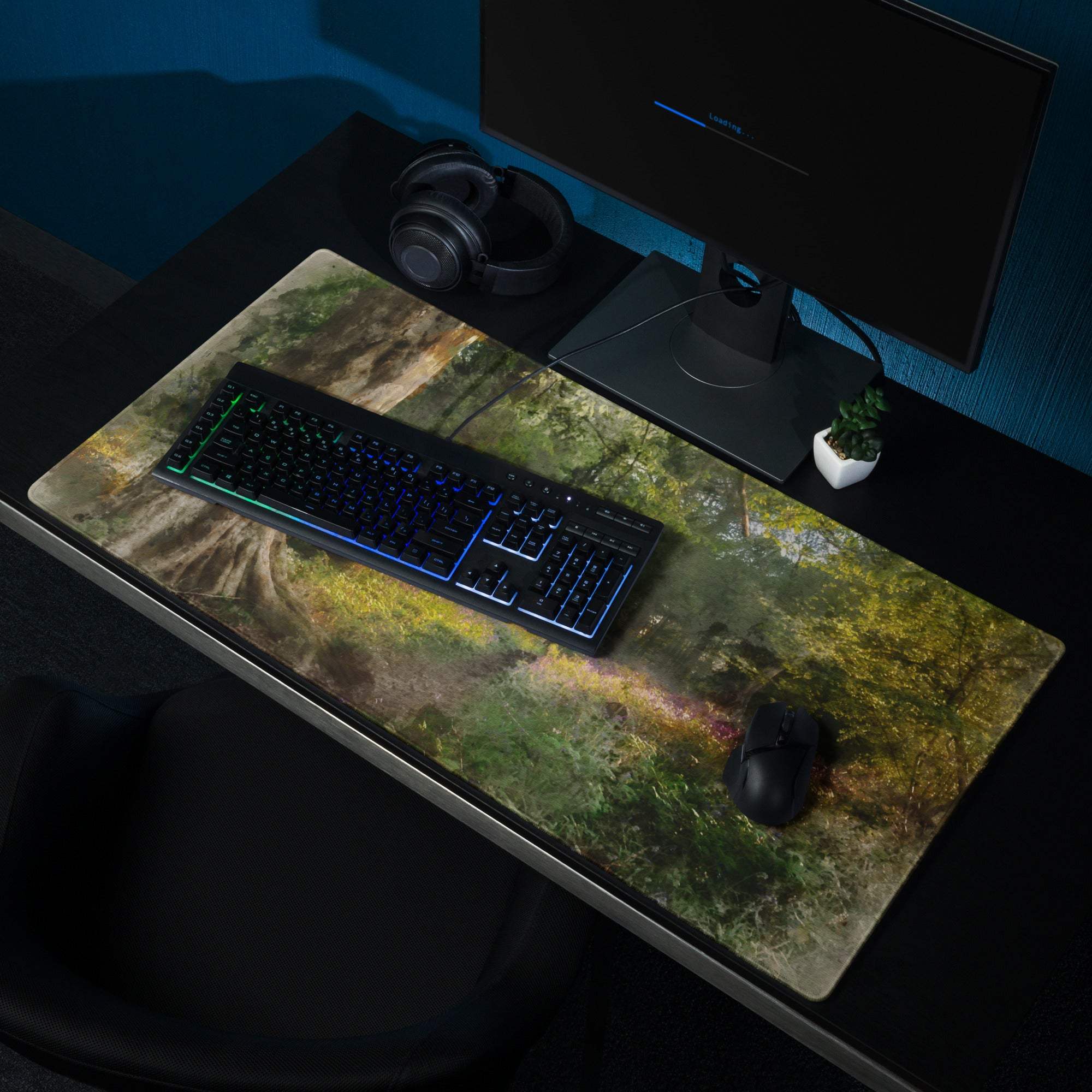 Artistic forest landscape gaming mouse pad with calm green tones