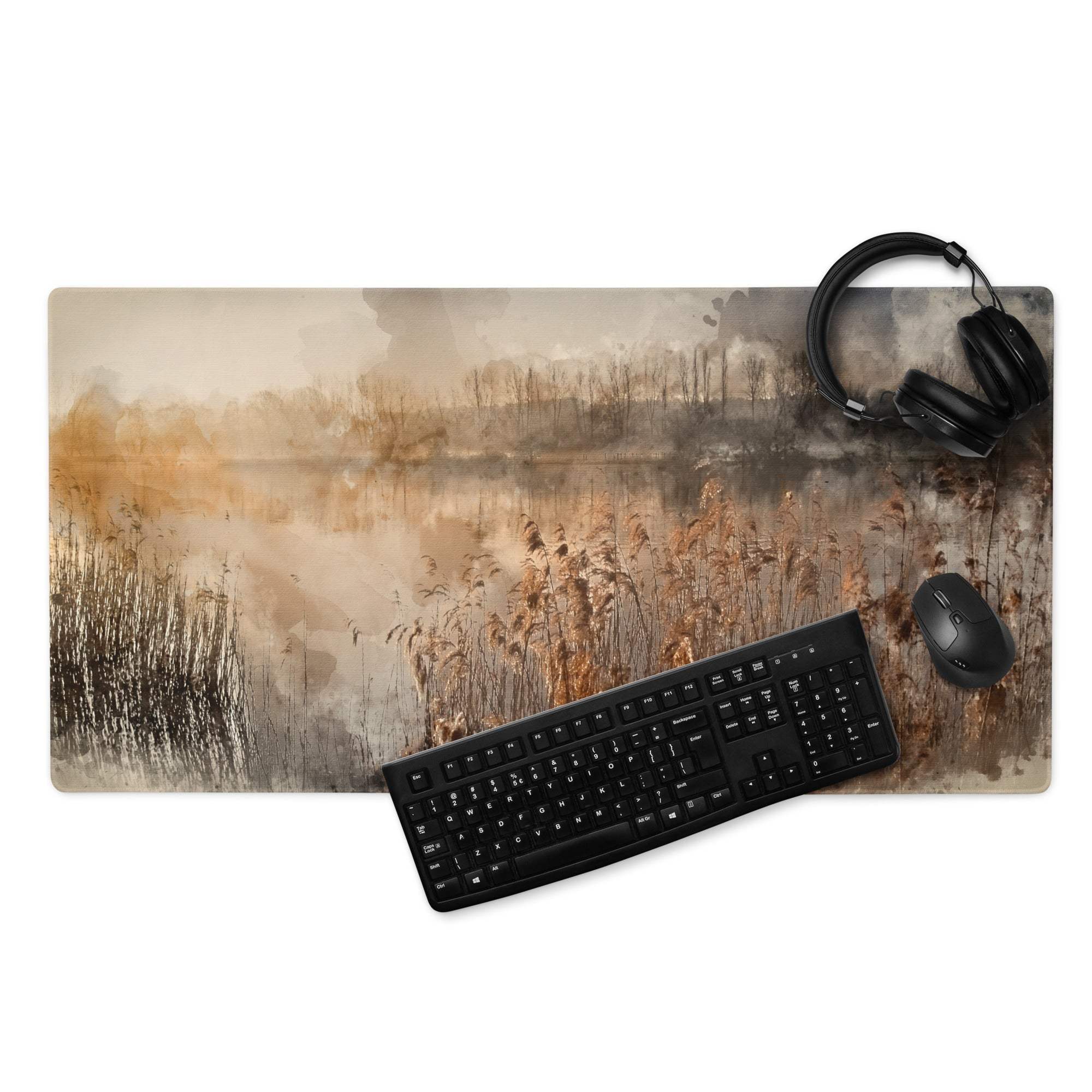 Watercolor landscape extra large gaming mouse pad with headphones and keyboard