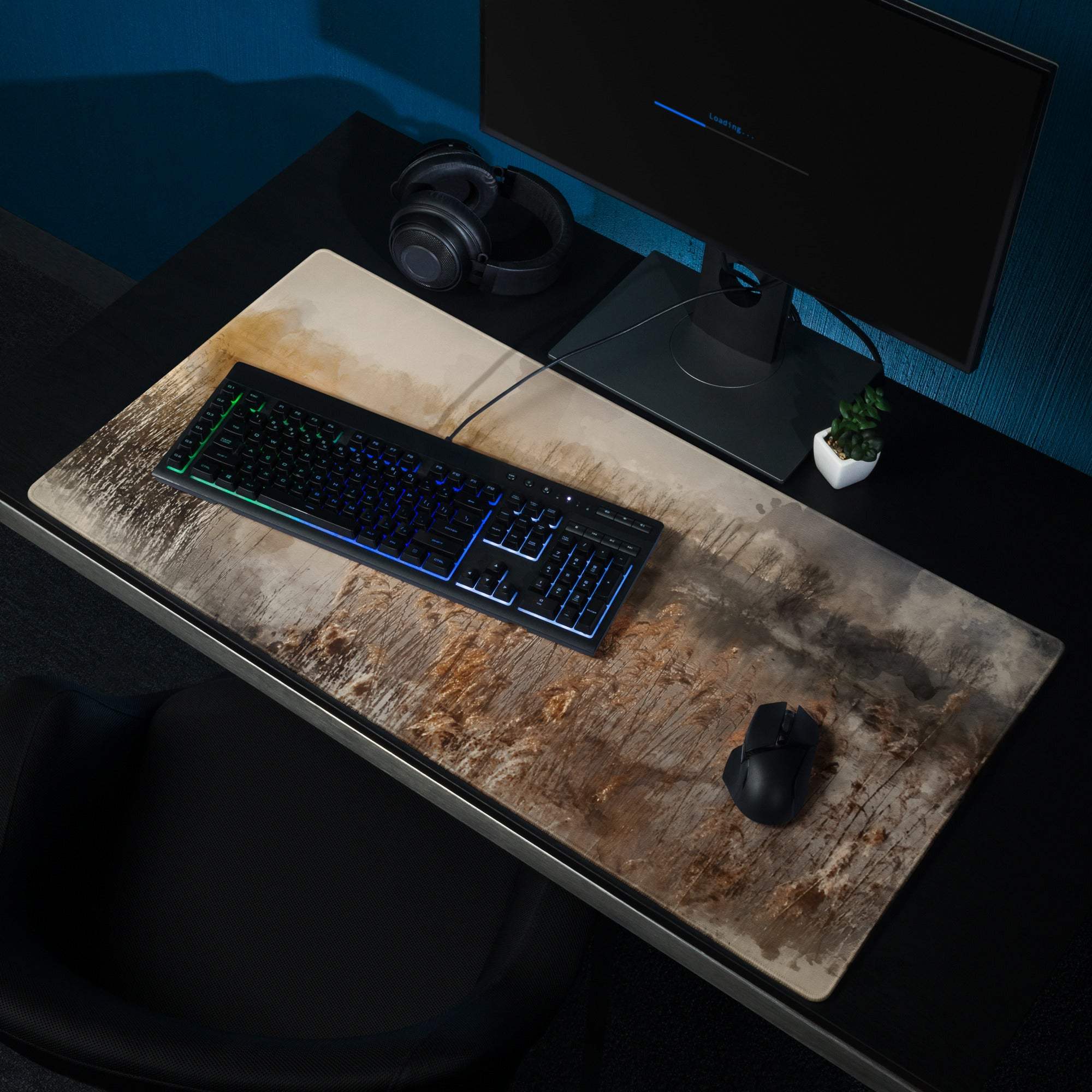 Extra large watercolor landscape gaming mouse pad in warm sepia tones