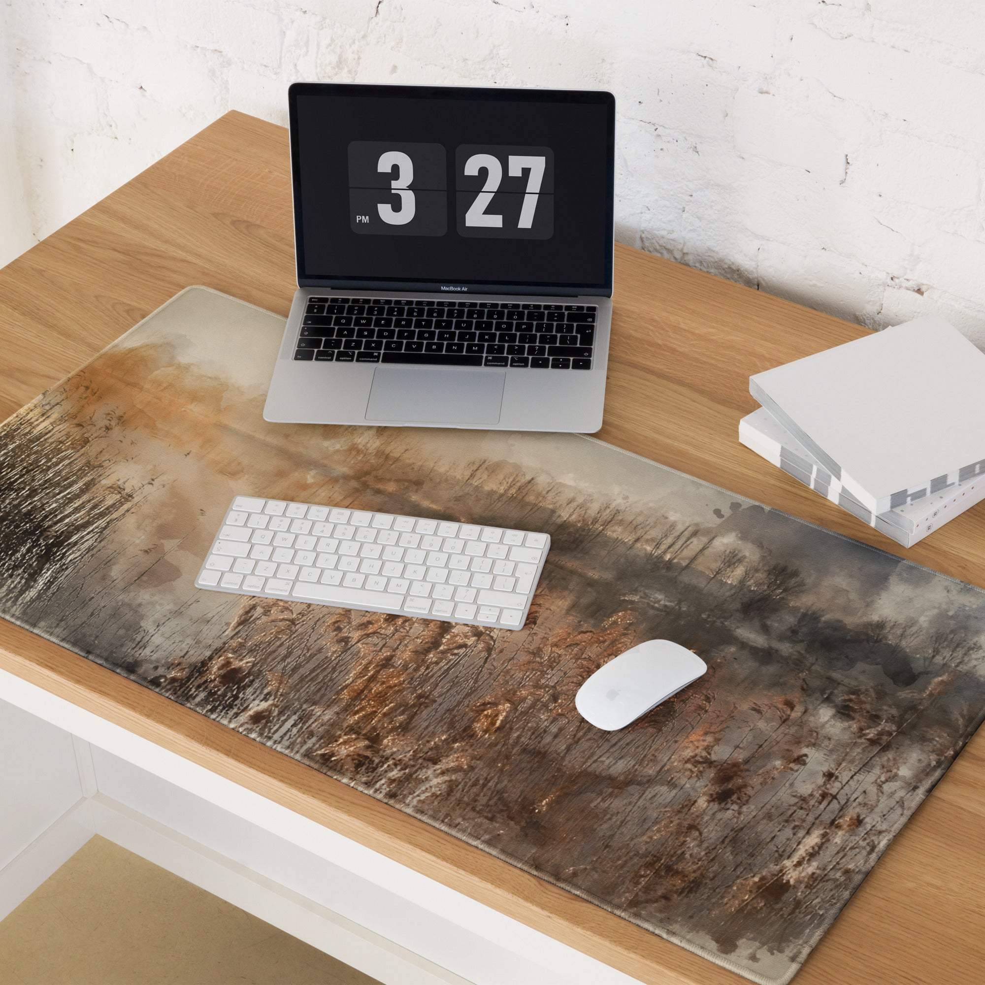 Extra large gaming mouse pad in warm sepia watercolor landscape tones