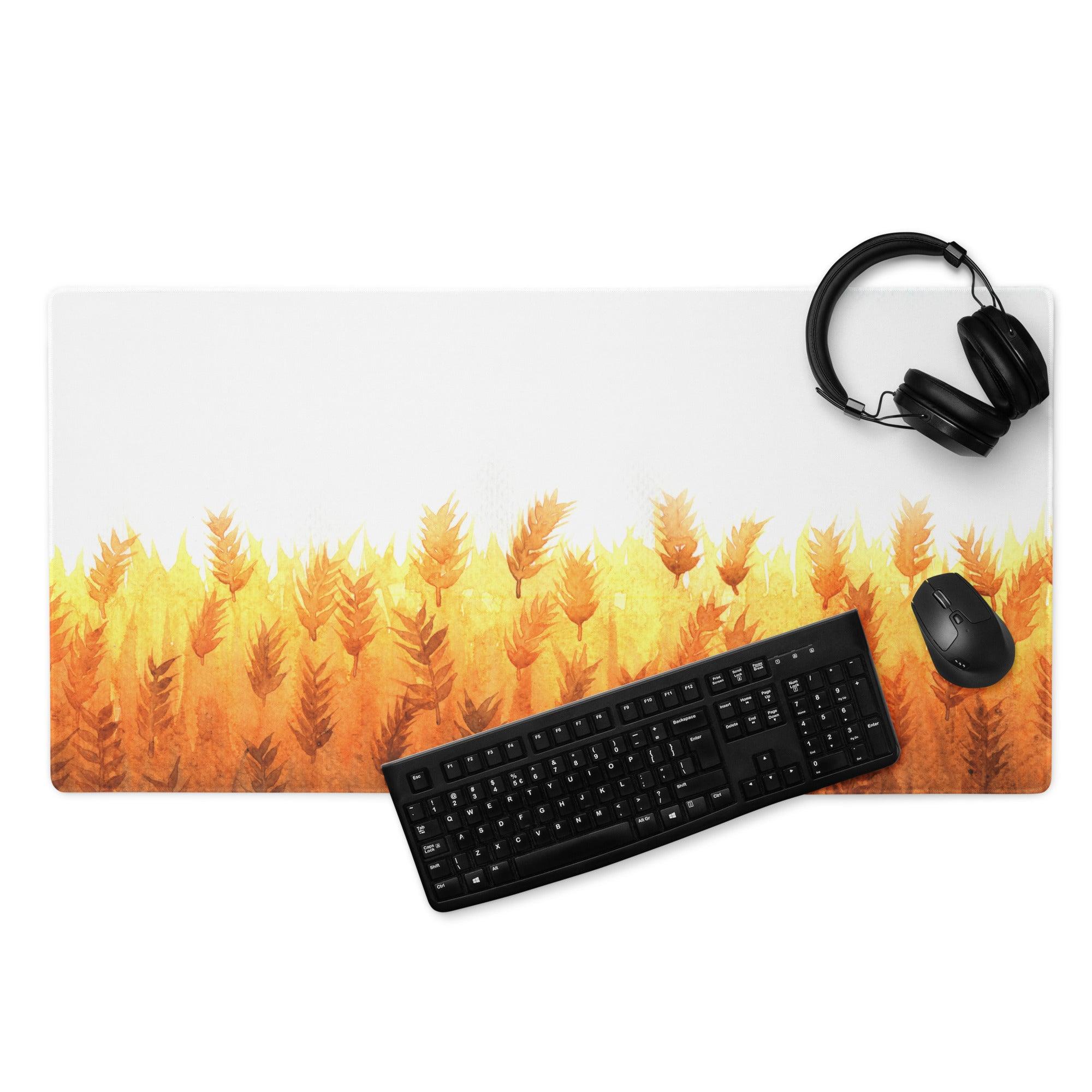Autumn Leaves large gaming mouse pad with golden wheat design, non-slip base